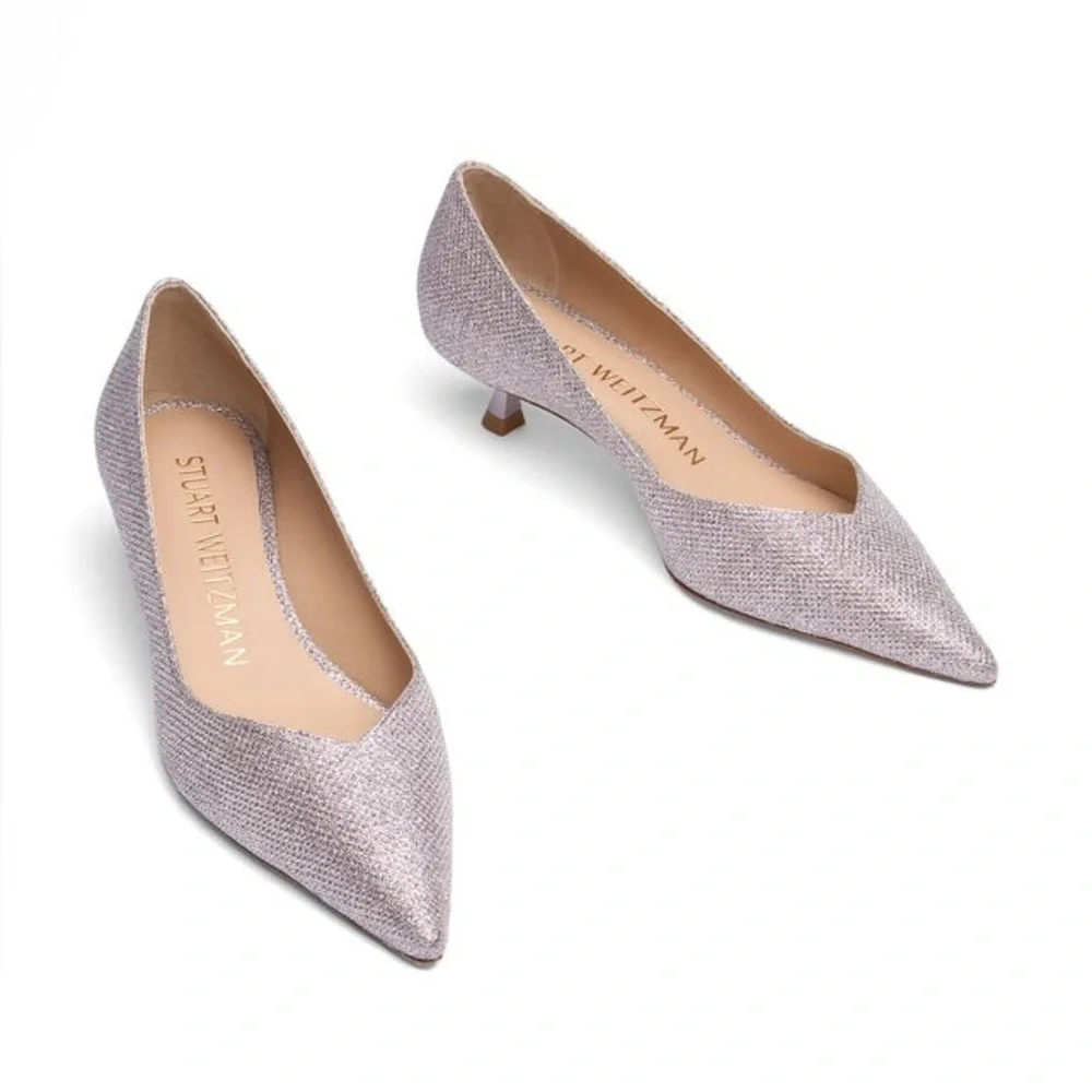 Stuart Weitzman Eva 35 Kitten Heel Metallic Mesh Pump Rose Pink Pointed Toe 6B
